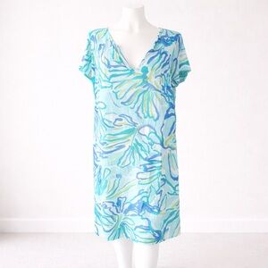 Lilly Pulitzer Linen Shift Dress Blue Green Coastal Print Size L